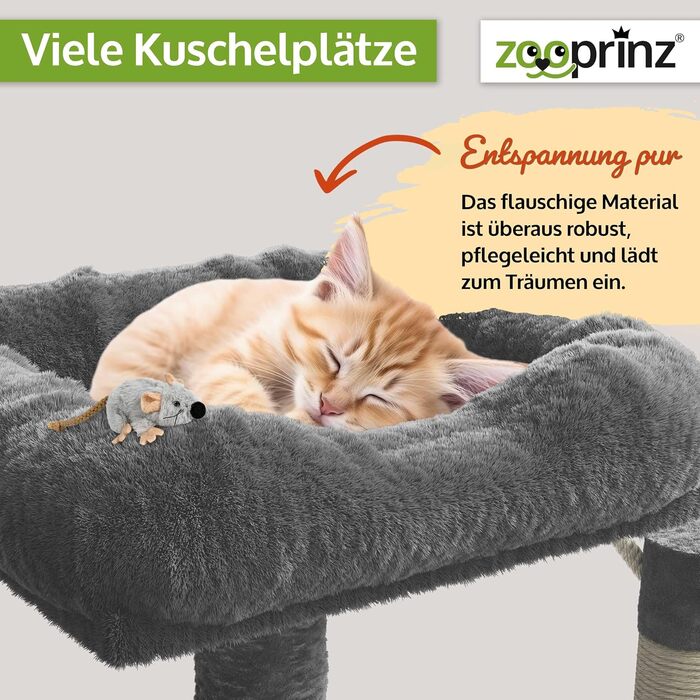 Преміум кігтеточка Zooprinz – велика XXL кігтеточка для котів, з товстими сизалевими стовпчиками, будиночком, гамаком, м'ячиками та мотузкою. Зі штучною мишкою. Когтеточка (Темно-сірий)