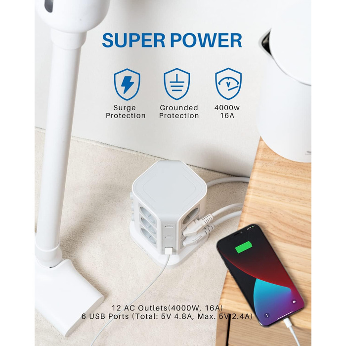 Стедова колонка KOOSLA з 12 розетками, захистом від перенапруги (4000W/16A) та 6 USB, 5м, білий - для офісу, кухні, столу