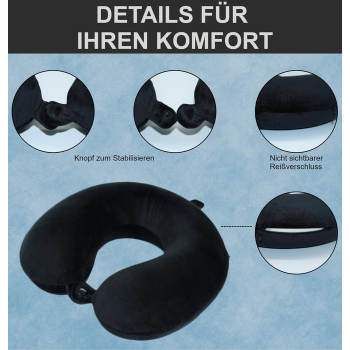Подушка для шиї Essentials з піною з пам'яті (100%) - U-подібна, з м'яким велюровим чохлом - для подорожей, авто, літака, офісу та дому (Чорна)