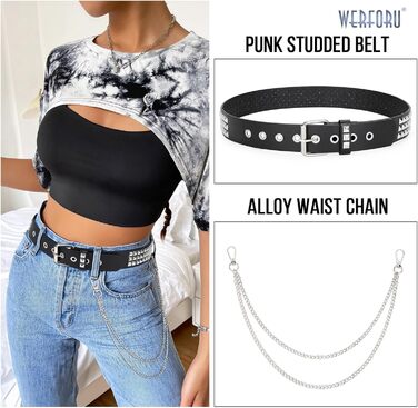 Чоловічий/Жіночий шкіряний ремінь WERFORU з пряжками у стилі панк-рок, металеві пряжки, для джинсів та штанів, розмір 90-100 см (C-чорний+ланцюжок, для розміру талії 68-80 см)
