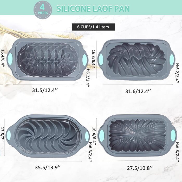 Tongde 4-Piece Silicone Loaf Pan Set for Baking Bread, Non-Stick Kitchen Oven Bread Mold, Perfect for Banana Bread, Sandwich Bread, Pound Cake, and Meatloaf, 6 Cup, Grey