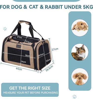 Транспортна переноска для котів та маленьких собак Petsfit, легка сумка-переноска для собак та котів, підходить для авіаперельотів, з захисним ременем та розкладною матрацом, S/Khaki