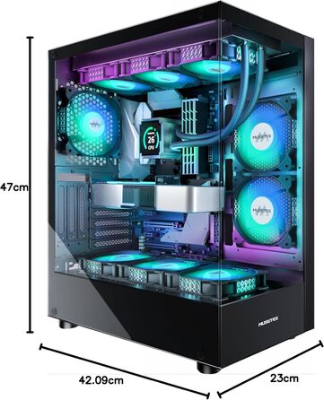 Корпус ПК MUSETEX K2: ATX Mid Tower з 7 PWM ARGB-вентиляторами, подвійне панорамне скло, Type-C, чорний (42.1 x 23 x 47 см)