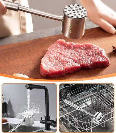 Fleischhmmer Bixury 27 см з нержавіючої сталі: подвійний молоток для м'яса з ребристою поверхнею для шніцелів, котлет, стейків, яловичини, свинини, курки (срібний)