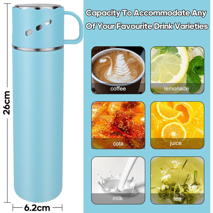 Термос з нержавіючої сталі 550 мл - термос-пляшка без протікань з чашкою та ручкою, вакуумний термокухоль 12 год гаряче / 12 год холодне, неслизький келих для кави в дорозі для спорту, роботи, школи, авто (Блакитний)