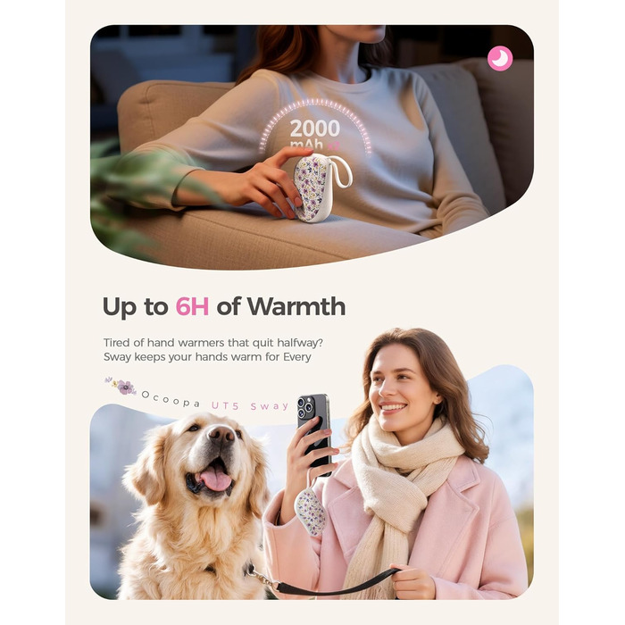 Електричні грілки для рук OCOOPA 2 шт., багаторазові, 4000mAh, подарунок на Новий Рік для жінок, ультратонкі (1,5 см), підходять для рукавичок та сумок, зимова необхідність, UT5 Sway Wiesengeflüster (Ocoopa x Künstleredition) (Lila Blüten (Ocoopa x K