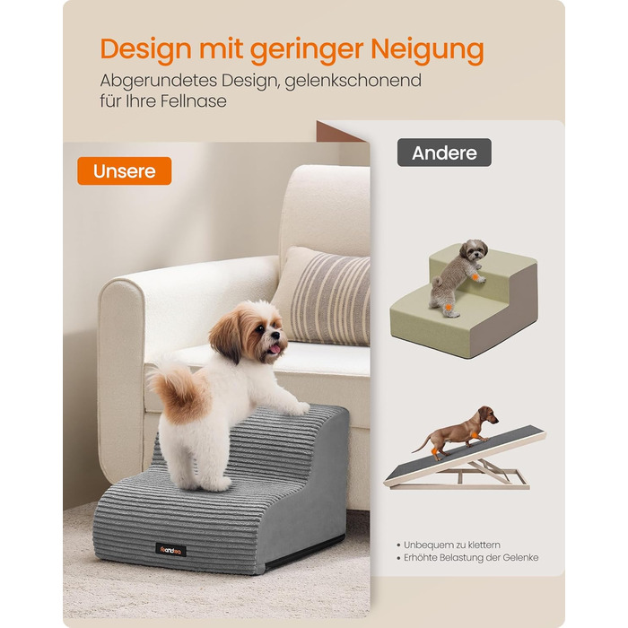 Сходинки для собак Feandrea, 3 сходинки, для маленьких собак, котів, водонепроникні, з неслизьким покриттям, знімний чохол, сірий PPS003G01