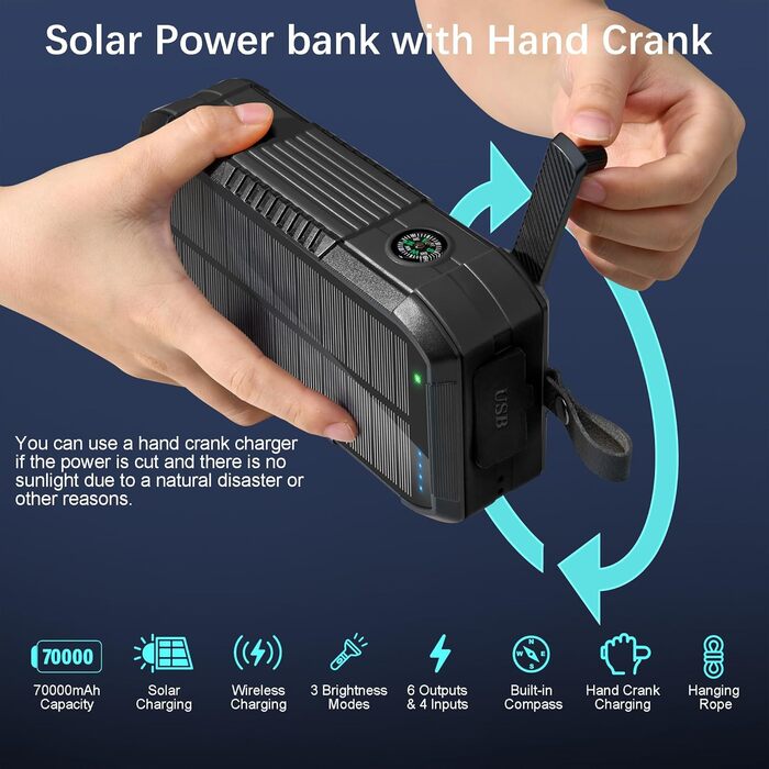 Портативний зарядний пристрій Solar Powerbank 70000mAh з сонячною панеллю, PD 30W, USB-C, 3.0A, інтегрованим кабелем, бездротовою зарядкою 15W, ручним генератором, LED-індикаторами, ліхтариком, для смартфонів, чорний