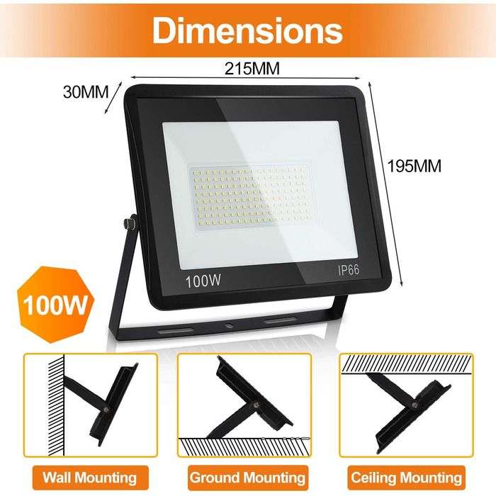 IKODM Outdoor Floodlights, 5-Pack 30W LED Floodlights, 3000K Warm White Outdoor Lighting Floodlight, Waterproof Super Bright 2250LM Construction Lights for Outdoor Yard Garden Garage Sports Field (3000K Warm White, 100W LED Spotlight)