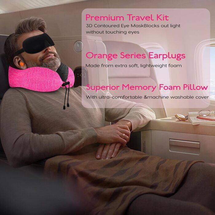 Подушка для шиї у літак - подушка для подорожей 100% Memory Foam - портативна подушка для літака - з 3D-маскою для сну та берушами - ідеальна для крісла літака, авто, дому, офісу, подушка для сну (Рожева)