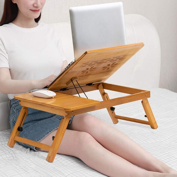Бамбуковий стіл для ноутбука, підставка для ноутбука, регульований і складаний столик для сніданку з ящиком для школи, спальні або офісу (2)
