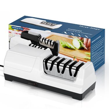 Електричний точило для ножів професійний 3-х ступінчастий з захистом від перегріву, тихий мотор, швидке заточування кухонних ножів (білий)