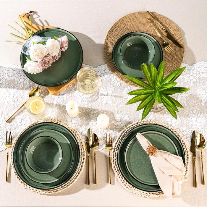 Набір керамічного посуду AmorArc (24 шт.) для 8 осіб: тарілки та миски, реактивна глазур, стійкий до сколів та тріщин, придатний для миття в посудомийній машині та використання в мікрохвильовій печі. Сервіз для 8 осіб (24-teilig), колір: матовий чорний не