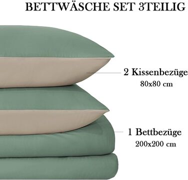 Комплект постільної білизни 135x200 4 частини з мікрофібри, двостороння, м'яка та практична, з блискавкою (135x200, 80x80) - Пастельно-зелений/Теплий бежевий
