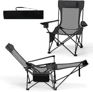 Крісло для кемпінгу та риболовлі Costway з підставкою для ніг, регульованою спинкою, підголівником, тримачем для напоїв та бічною кишенею (Сірий)