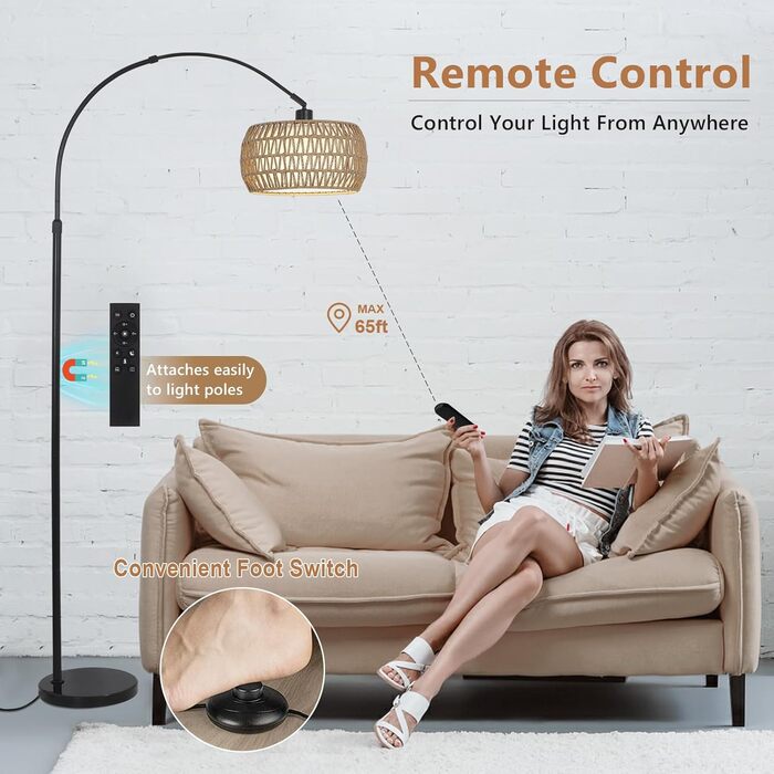 Rayofly Торшер для вітальні Bogenlampe в стилі бохо з ротанговим абажуром, диммований торшер з пультом та LED-лампочкою, управління через додаток, чорний