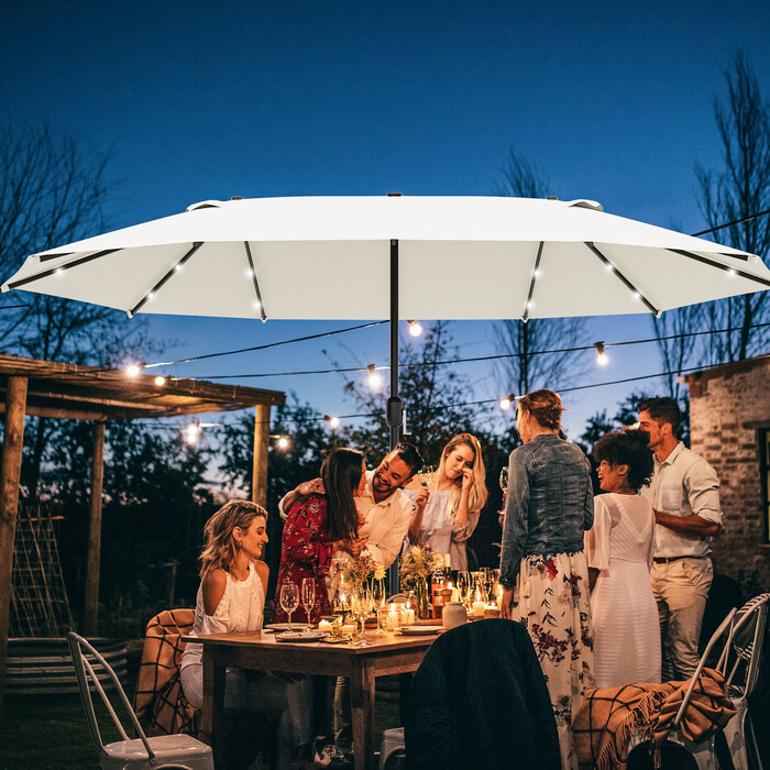 Outsunny Double Canopy Sun Umbrella with LED, 440 x 256 cm, Garden Umbrella with Hand Crank, Patio Umbrella in Cream White for Garden & Patio