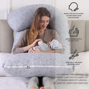Подушка для вагітних CALIYO J-подібної форми, XXL, 180x70 см. Подушка для годування, бокового сну, комфортна подушка для дорослих з бавовняною підкладкою (зірковий принт)