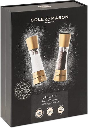 Cole & Mason Derwent Gold Salt and Pepper Grinder Set, Manual Spice Grinder with Adjustable Ceramic Grinder, Stainless Steel/Acrylic, 190mm, Precision+, Gift Set