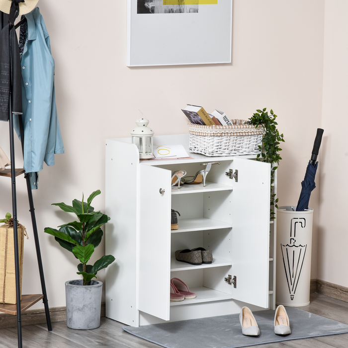 HOMCOM Shoe Cabinet Shoe Rack Chest of Drawers with 2 Doors and 4 Compartments for Entryway in White 83x30x90cm, Space-Saving & Modern