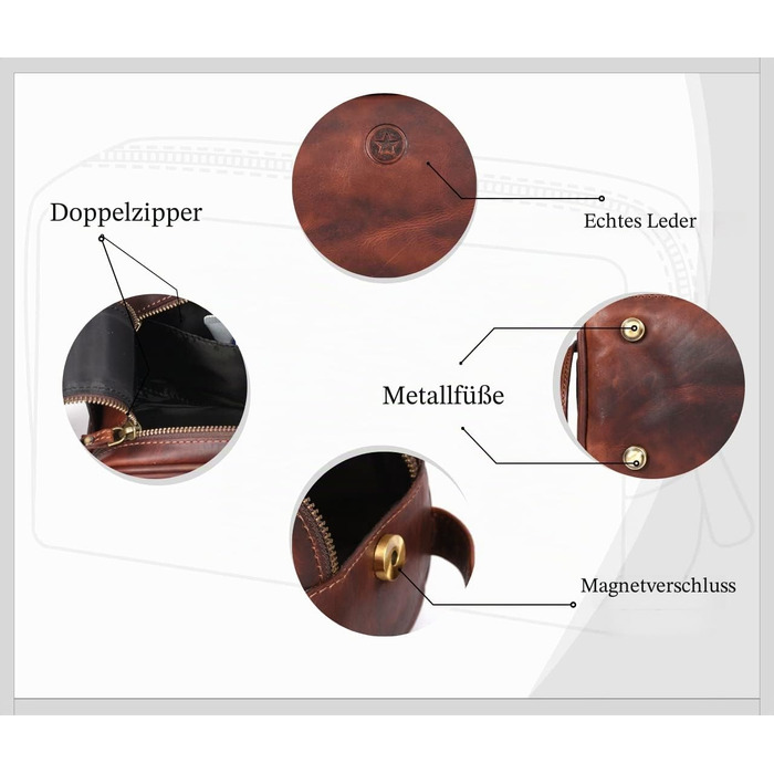 Шкіряна косметичка для чоловіків Aaron Leather — дорожній набір для догляду, темно-коричнева (горіх), з подвійною блискавкою