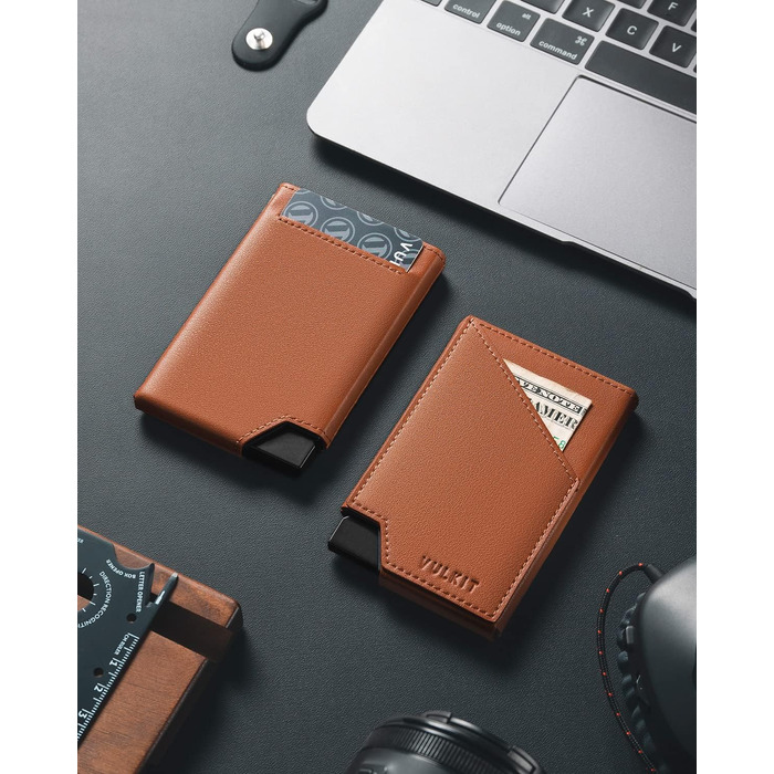 Чоловічий гаманець-картхолдер VULKIT з RFID-захистом, сліма металевий кейс з відділенням для купюр та монет, коричневий