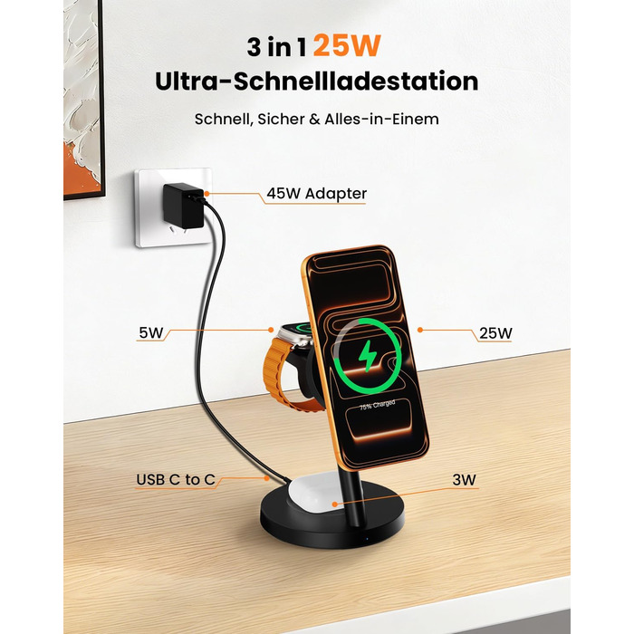 Зарядна станція JoyGeek 3-в-1 MagSafe 25W для iPhone 17/16, Apple Watch, Samsung Watch та AirPods з адаптером 45W (Чорний матовий)