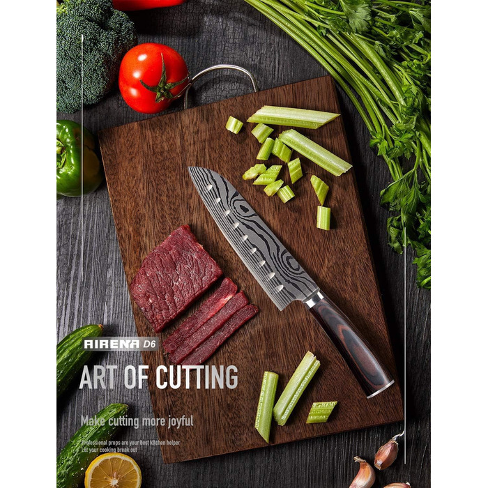 Японський ніж Santoku AIRENA, 7 дюймів (17.8 см), професійний кухонний ніж з високоякісної сталі D2, ергономічна ручка, для дому та кухні