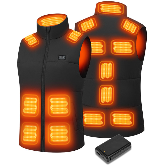 Обогреваемый жилет для мужчин и женщин 7,4V с аккумулятором 20000mAh, до 12 часов быстрого нагрева, 15 зон нагрева – для велоспорту, кемпинга и работы зимой, XS, глубокий черный