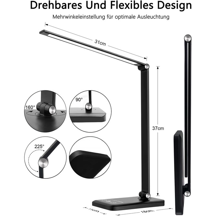 Стіл лампа LED, диммер, 5 кольорів, 10 рівнів яскравості, захист очей, нічник для дітей, офісна лампа, денне світло, USB-порт (чорний)