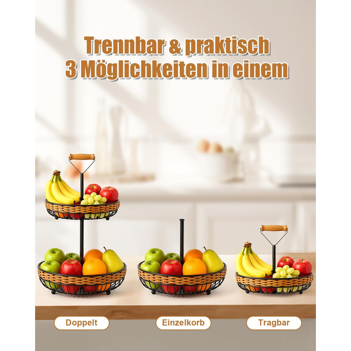 Двоярусний кошик для фруктів LEEJARD з синтетичного ротангу, знімний піддон, чорний (H:45 Dm:29 см)