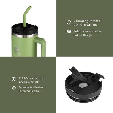 Термокружка Hydro2Go з трубочкою – BPA-free, придатна для миття в посудомийній машині, 10 год гаряче/12 год холодне, для приготування напоїв на винос (Green Tea, 1200 мл)