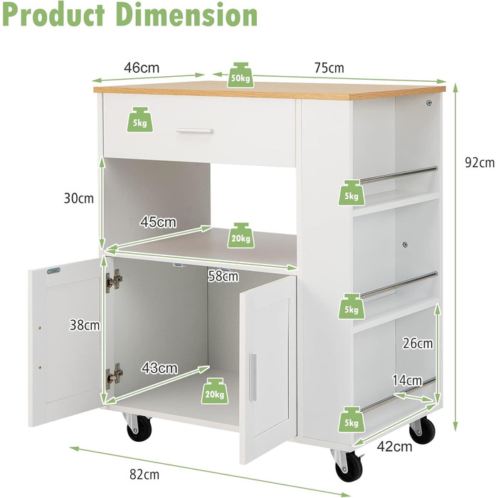 Giantex Rolling Kitchen Cart with Drop Leaf Top, Kitchen Island with Storage, Mobile Kitchen Island Wood, Kitchen Storage Cabinet Serving Cart with Drawer & 3 Shelves (White)
