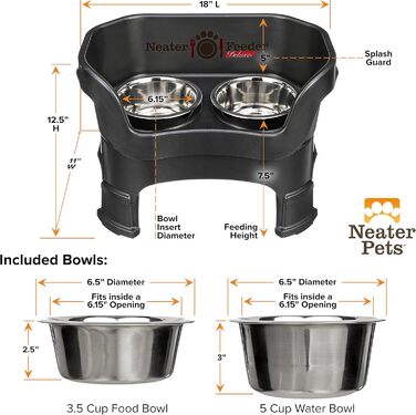 Набір мисок для собак Neater Feeder Deluxe: миски з нержавіючої сталі, без розливання, піднята платформа, для великих собак, США, чорний Midnight (Medium)