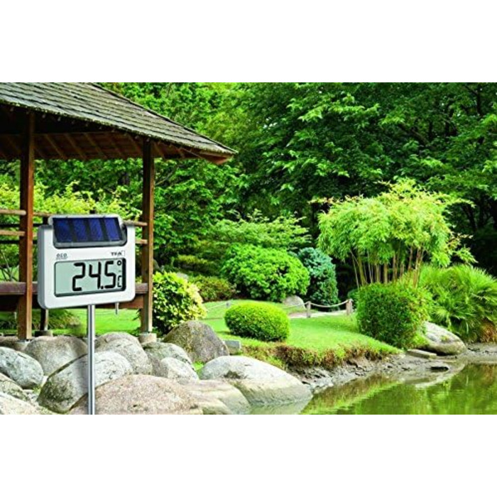 TFA Dostmann Avenue Digital Solar Garden Thermometer, 30.2026, with Light Sensor, Time Display, High/Low Values, Height 1145mm, Silver