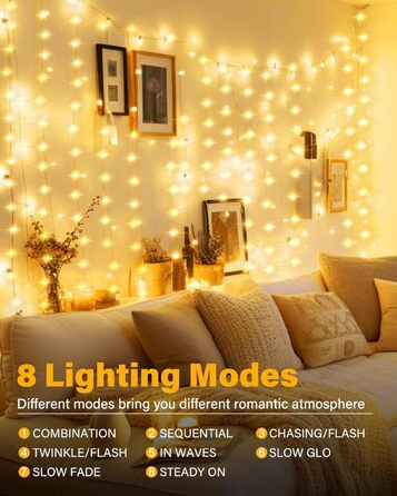 Ланцюжок-завіса світлодіодна 3x3м, 300 LED, USB, 8 режимів, пульт, IP65, тепле світло, для декору, свята, вечірки