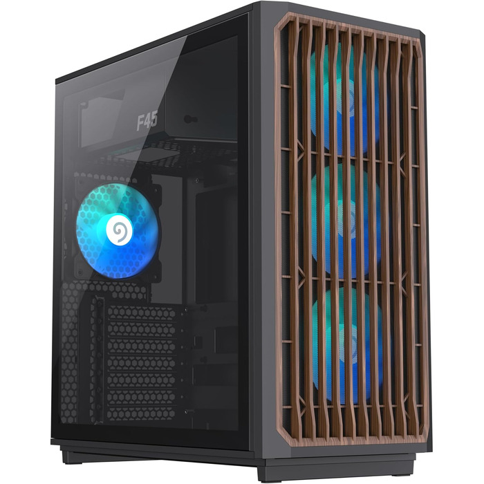 Корпус ПК GAMEMAX F45 Mid-Tower чорного кольору з дерев'яним декором, 4x ARGB PWM вентилятори, сумісний з BTF материнськими платами, скляна бічна панель, для геймінгу