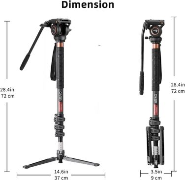 Штатив відео Cayer CF34DV з вуглецевого волокна 71 дюйм, з шарнірним голковим кріпленням та триногим основанням для DSLR-камер та відеокамер, з додатковою ковзною платформою
