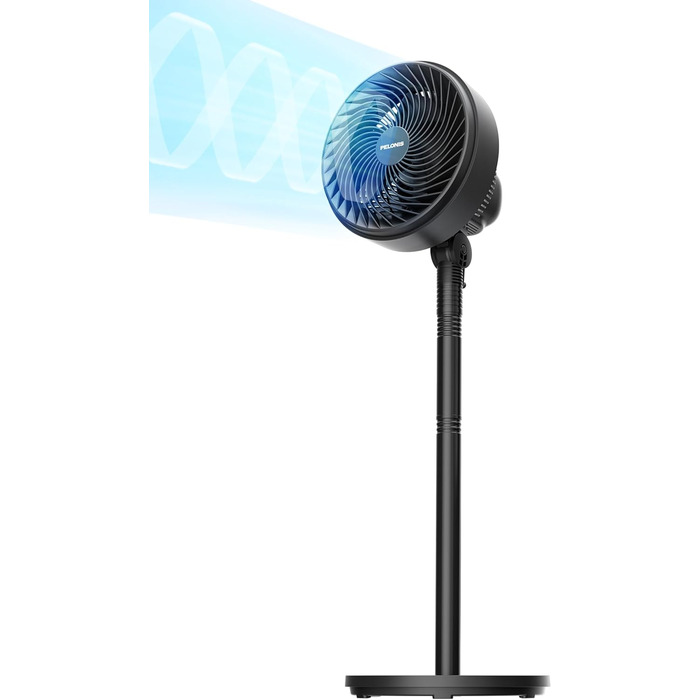 Вентилятор торнадо PELONIS з дистанційним керуванням, сенсорним дисплеєм, 3D циркуляцією, тихий (36.5dB), потужний (10м повітряний потік), регульована висота (60/111см), 4 швидкості з таймером, знімний захисний гріт, поворотний, 76см, чорний
