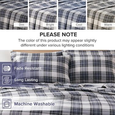 Comfort Spaces Cotton Flannel Sheet Set with Pillowcases, Breathable, Warm, Deep Pocket, for King Size Beds, Blue Tartan, Scottish Plaid Pattern, 4-Piece