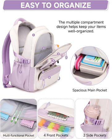 Шкільний рюкзак для дівчаток 2 в 1: рюкзак та сумка через плече, 45 см, фіолетовий. Підходить для 3-7 класів.
