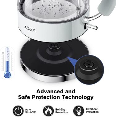 Електричний чайник ASCOT з боросилікатного скла, 2200W, 1.5L, без BPA, тихий, з функцією захисту від сухого кипіння та автоматичним вимкненням, білий