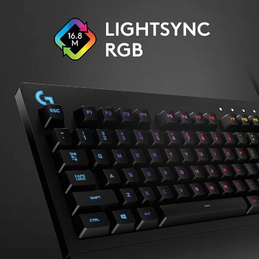 Ігрова клавіатура Logitech G213 Prodigy з RGB-підсвічуванням, програмовані клавіші G, мультимедійне керування, підставка для зап'ястя, захист від бризок, німецьке QWERTZ-розташування клавіш – чорний колір, німецька версія