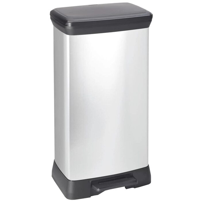 Сміттєвий відер Curver Deco Bin 50Л для кухні з педаллю, системою Soft-Close, герметичним кришкою та антивідбитковим покриттям, сріблясто-чорний (металевий ефект)