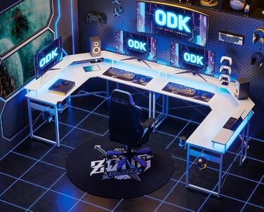 ODK Gaming Table with LED, Gaming Desk with 2 Outlets and 2 USB Charging Ports, PC Table Gaming with a Generous Monitor Stand, Gamer Desk in Carbon Fiber White, 129x129 cm