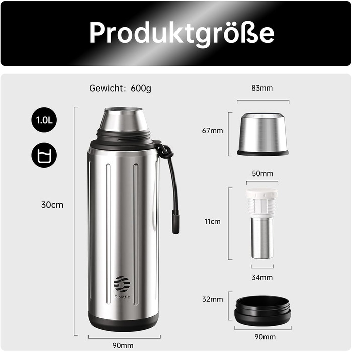 Термос Healter Thermoskanne 1л з чашкою (72 години холод, 24 години гаряче) – термофляга для кави, чаю, термокружка з фільтром та знімним дном. Підходить для подорожей, офісу та школи (зелений, срібний)