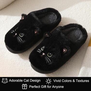 Теплі плюшеві тапочки Shaine для дому: жіночі та чоловічі, бавовна, котик, антиковзаючі, зручні (40/41 EU, Чорний)