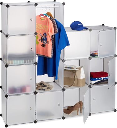 Relaxdays Closet System with 12 Compartments, Large Plastic Wardrobe, 145.5 x 145.5 cm, White (Transparent)