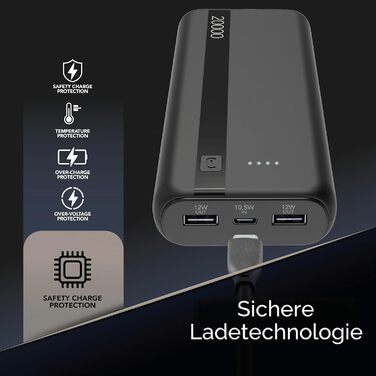 Power Bank Cellularline 20000 mAh з USB-C та 2x USB-A, Чорний – Зовнішній акумулятор для швидкої зарядки