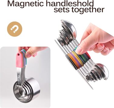 Magnetic measuring cup and spoon set, stainless steel, 5 cups and 7 spoons, with leveler (multicolored)